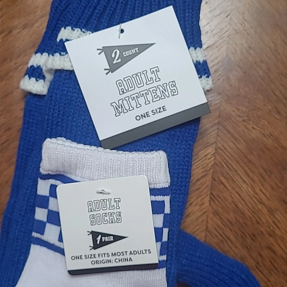 New with tags! Blue and White Warm Mittens with Matching Socks Set